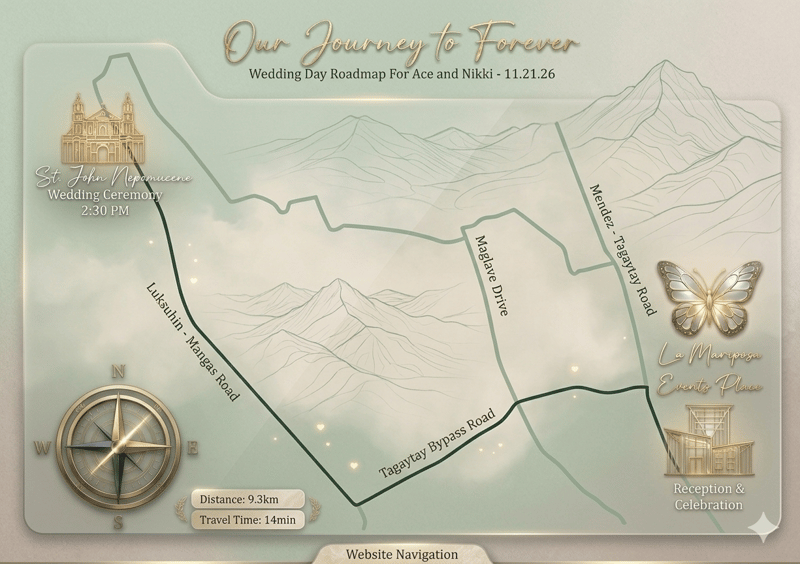 Route map from St. John Nepomucene Parish Church to La Mariposa Tagaytay — 9.3km, 14 min travel time